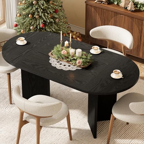 Image of LITTLE TREE 63 inch Rustic Oval Dining Table for 4-6, Sturdy MDF Farmhouse Kitchen Table with Metal Strip Base, for Living Room, Office, Restaurant, Multi-Use, Black