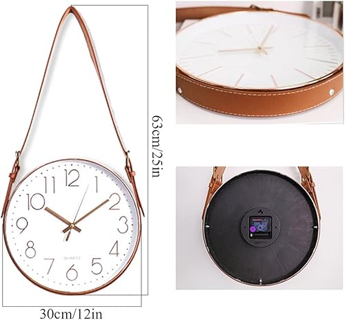 Miniatura 4 de Reloj de pared colgante con cinturón de cuero, reloj de pared de cuarzo silencioso, moderno, decorativo, sin tictac, sala de estar, oficina (color