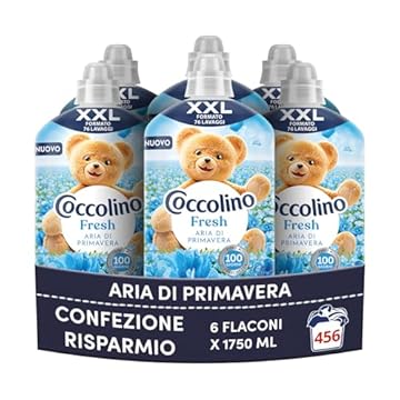 Coccolino Ammorbidente Concentrato Aria di Primavera, Ammorbidente Lavatrice con Tecnologia Stay Fresh, con Note Fruttate, Rosa, e Sandalo, Formato XXL Fino a 456 Lavaggi, 6 Pezzi da 1750 ml