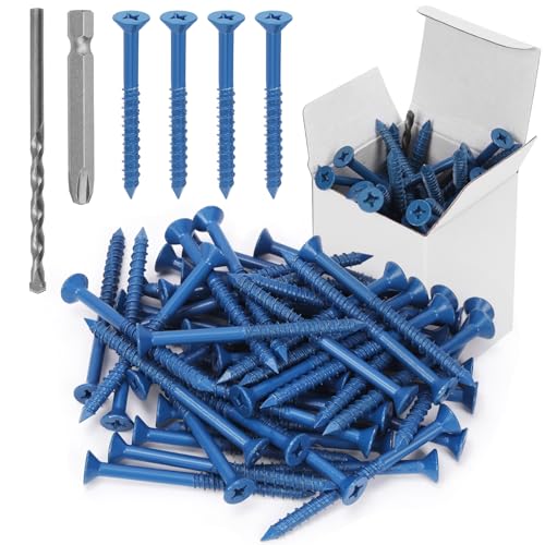 Swpeet 52 anclajes de tornillo de hormigón de cabeza plana de 1/4 x 3-1/4 pulgadas con broca de destornillador y kit surtido de brocas, tornillos de hormigón autorroscantes para anclaje a bloques de