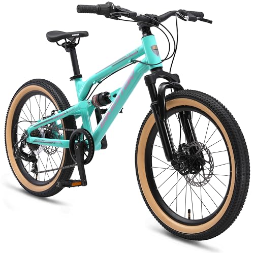 BIKESTAR VTT Vélo Tout Terrain Tout Suspendu pour Enfants de 6 Ans | Bicyclette 20 Pouces 7 Vitesses Shimano, Freins Disque | Turquoise