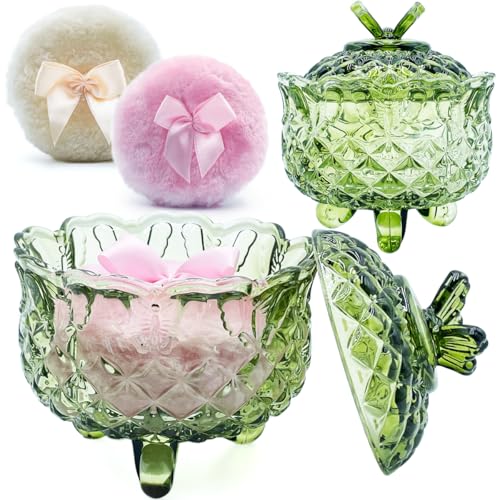 4 Glass Dusting Powder Container with 2 Fluffy Puffs Cute 3.5 Soft Body Powder Puff and Jar Set(Butterfly-olive green)