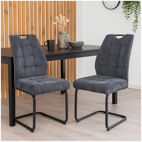 HTI living Modernes 2er Set Schwingstühle Dunkelgrau mit trendigem Cord-Bezug Esszimmerstuhl Freischwinger