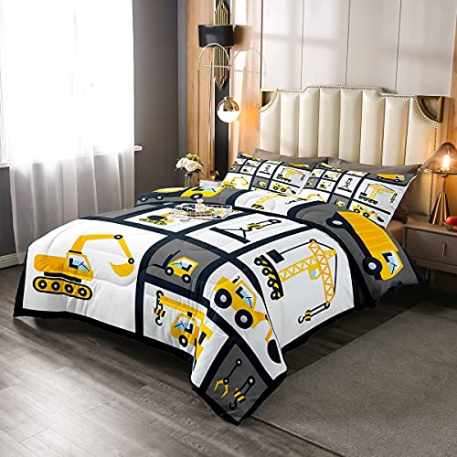 Feelyou Boys Construction Bedding Set Full Size Kids Machinery Truck Comforter for Children Construction Site Car Vehicle Decor Comforter Set Excavators Quilt Set Bedroom Decor Quilt Cover 3