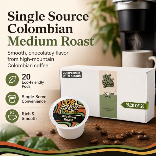 Image of OH HEY BRANDS Medium roast coffee k cups -20 Eco-Friendly k cups coffee pods - Single Origin Colombia - Chocolatey & Smooth flavored coffee pods - Suitable for all brewers