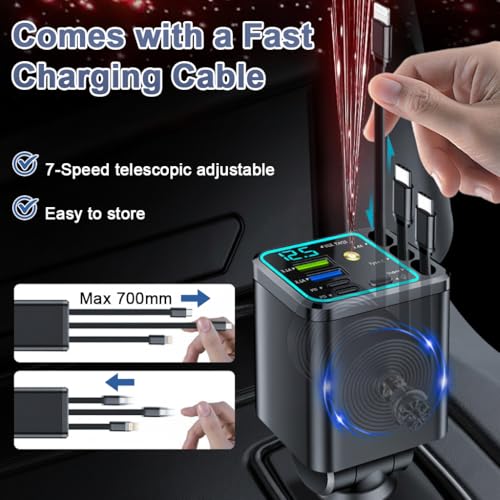 Image of STHIRA 120W Fast Car Charger Type C with Retractable Cables 7 in 1 Multi-Port USB-A & USB-C PD Charging Station LED Voltage Display Starry Ambient Light Car Charger Socket