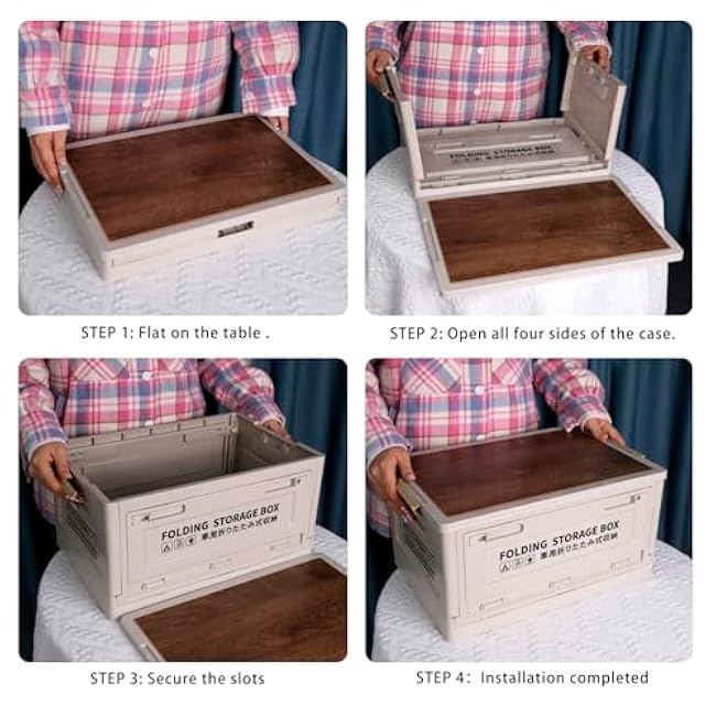 25 Quart Foldable Plastic Storage Bin with Imitation Wooden Lid Foldable and Stackable Storage Box Organizer for Outdoor Camping Home and Office