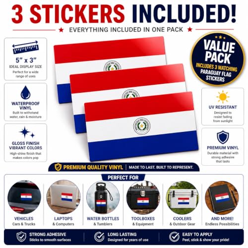 Image of Paraguay Vinyl Flag Stickers, Car Decals, Waterproof Indoor Outdoor, Laptop Stickers, Car Bumper, Paraguayan Flag, 5 x 3 Inches, Set of 3