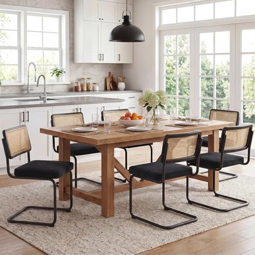 Image of Zesthouse Rattan Dining Chairs Set of 6, Mid Century Modern Dining Room Chairs with Natural Cane Mesh & Black Base, Black Cesca Chair Velvet Fabric, Farmhouse Kitchen Chair with Solid Wood Frame Back