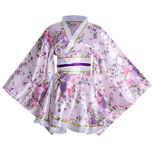 HUAHUA Womens Sexy Short Kimono Dress Floral Print Japanese Traditional Geisha Yukata Robe Bathrobe Skirt Belt Outfit (D02-White, One Size)