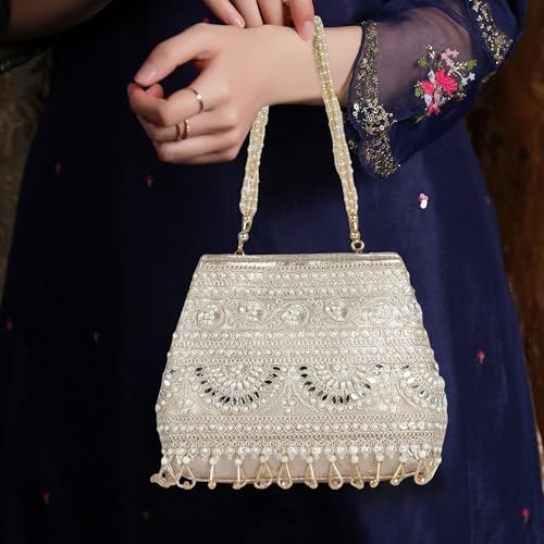 Image of Nevis Stylish Embroidery Unique Design Traditional Wedding Party Handheld Potli Bag For Women (GOLD)