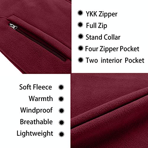 Moheen Men's Windproof Soft Fleece Vest Outdoor Full Zip Sleeveless Jacket With Pockets Wine Red M #TOP2