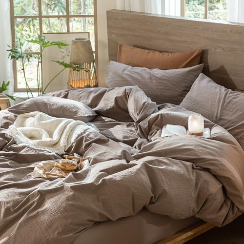 Image of MooMee Wavy Striped Duvet Cover Set 100% Washed Cotton Linen Like Textured Breathable Durable Soft Comfy (Brown, Alaska King 132 inchx120 inch)