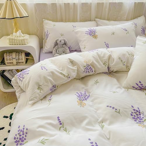 Image of Floral Duvet Cover Set Queen Purple White Floral Print Bedding Set with Zipper Closure 3Pcs Reversible Garden Style Flower Botanical Comforter Cover Set for Girls Women and 2 Pillowcases