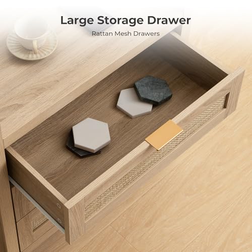Image of SICOTAS Rattan Nightstands Set of 2 Bedside Table - Larger Night Stand with Type-C Charging Station, 3 Drawers Storage, Boho Night Stands End Table for Bedroom Office - Light Oak