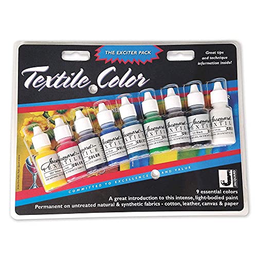 Jacquard Textile 9 Color Exciter Set - Permanent Fabric Paint for Clothes, Furniture Upholstery, Shoes or Tote Bags – Indoor & Outdoor Fabric Paint Set – 1/2 Oz Jars, Upholstery Fabric paint