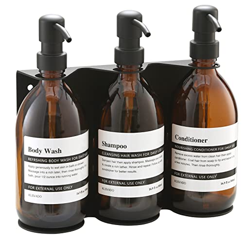 KUSVADO Glass No-Drill Wall Mounted Shower Soap/Hand Soap Dispenser with Adjustable Stainless Steel Holder for Bathroom and Kitchen-(Black 3 Chamber)