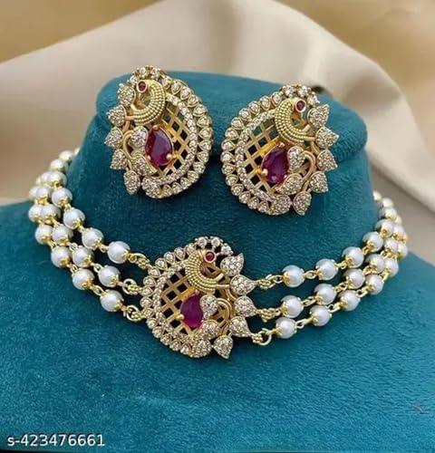Image of Antique Gold Plated Temple Jewellery Necklace Set with Earrings for Women, Traditional Indian Bridal Necklace Set, South Indian Choker Haram Style Jewellery Set, Ethnic Wedding for Women