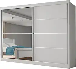 Guarda Roupas Casal 2 Portas de Correr com Espelho 4 Gavetas 100% MDF Branco Austria