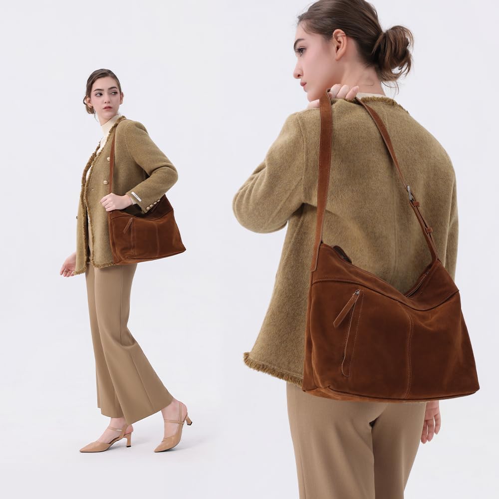 VAKAER Slouchy Suede Leather Shoulder & Crossbody Purse, Adjustable Hobo Tote Handbag with Zip Top and Front Zipper Pocket - Image 6