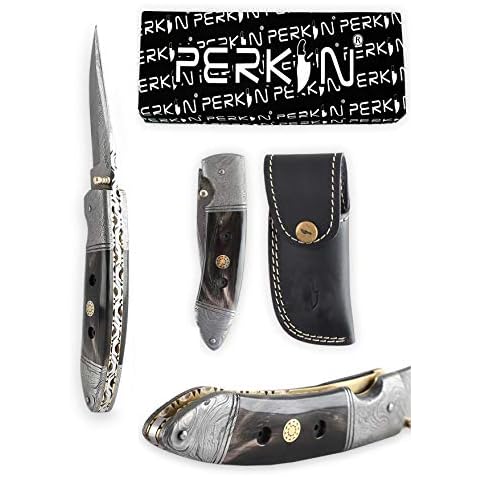 Perkin Damast Klappmesser mit Ledertasche Jagdmesser Taschenmesser Cover