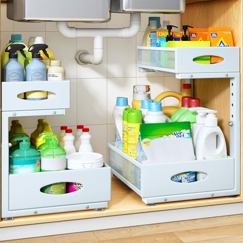 Image of Under Sink Organizer, 2 Tier Pull Out Under Cabinet Organizer Shelf with Pad for Framed Cabinets, Metal Slide Out Under Sink Storage, Mesh Sliding Drawers for Kitchen Bathroom Laundry(Blue, 1 Pack)