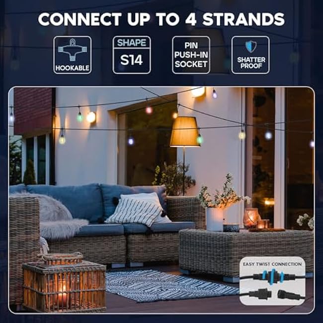 LUXRITE 24FT LED RGBW Outdoor String Lights, Remote Control Color Changing Cafe Lights, Commercial Grade Waterproof, 12 Edison S14 Shatterproof Bulbs, IP65, Dimmable Outside Hanging Lights for Patio