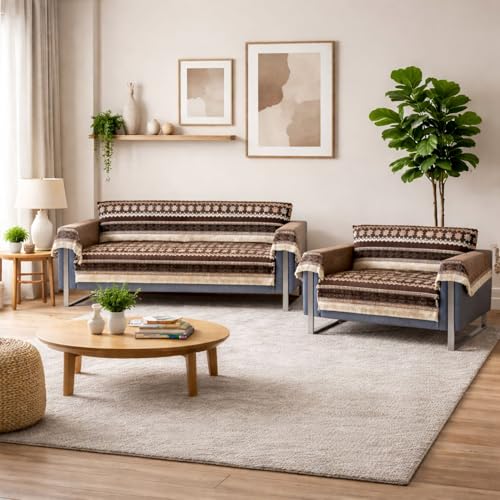Image of Elegant Woven Brown Sofa Cover Soft Chenille Traditional Pattern with Lace Style | L-Shape Sectional Seat Protector for Living Room Durable & Stylish Slipcover 3+2 Seater with Arms