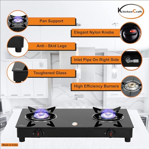 Image of KitchenCraft 2 Burner Toughened Glass Top |LPG Gas Stoves|Black|Manual Ignition|Fixed Stainless Steel Drip Trays|Anti-Skid Feet|KCGT 2001