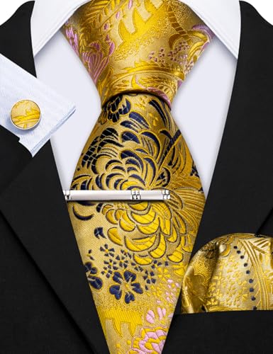 Image of Barry.Wang 6 PCS Men Ties Set Silk Business Fashion Woven Necktie Handkerchief Cufflinks Paisley Stripe Wedding Party