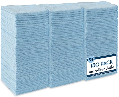 S&T INC. 150 Pack Microfiber Cleaning Cloth, Bulk Towels for Home, Reusable Microfiber Towels for Cars, Cleaning Rags, Light Blue, 11.5 Inches x 11.5 Inches, 150 Count