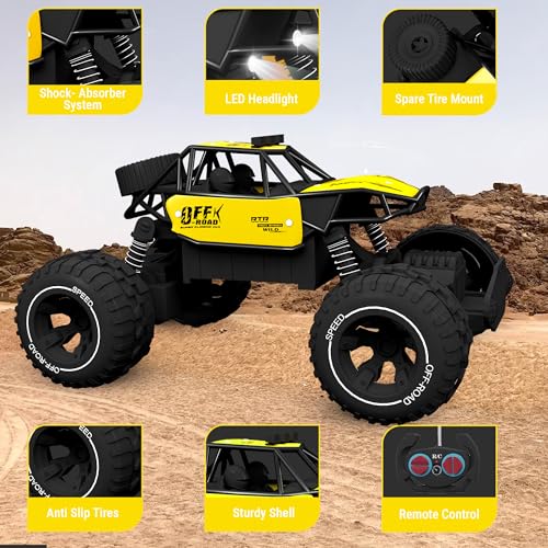 Image of Yellow RC Car Rock Crawler Remote Control Car with LED Headlight, Rechargeable Battery High Speed Off Road RC Car, Monster Truck Toy Car for Kids & Boys 7-14 Years | Remote Control Car Toy Gift