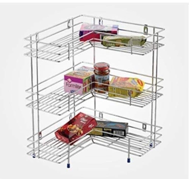 AB99 COLLECTION Stainless Steel 3 Tier Kitchen Corner Rack, L Shape Corner Stand Polished Chrome, Multipurpose Storage Rack, Shelf Rack, Dish Rack Kitchen, Bracket Shelf, Counter Top Rack