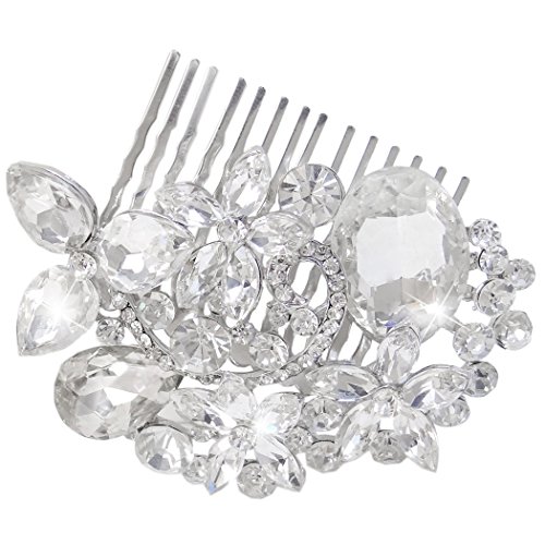 EVER FAITH Rhinestone Crystal Wedding Floral Flower Leaf Teardrop Hair Comb Clear Silver-Tone