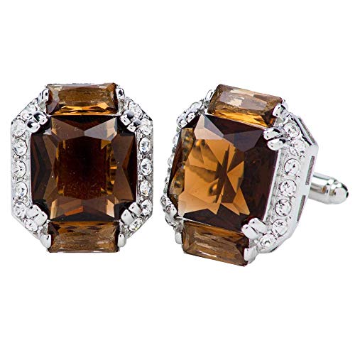 Vittorio Vico Rectangular Colored Diamond Flanked Crystal Cufflinks for Men - Unique Mens Jewelry - Best Gift for Him, Dad, Uncle, Bestfriend, Groom (Silver Metal, Brown Crystal)