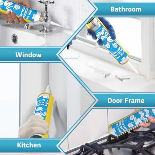 Image of PAULINN 4 Pack White Silicone Caulk Waterproof 100% Silicone Caulk for Kitchen & Bathroom