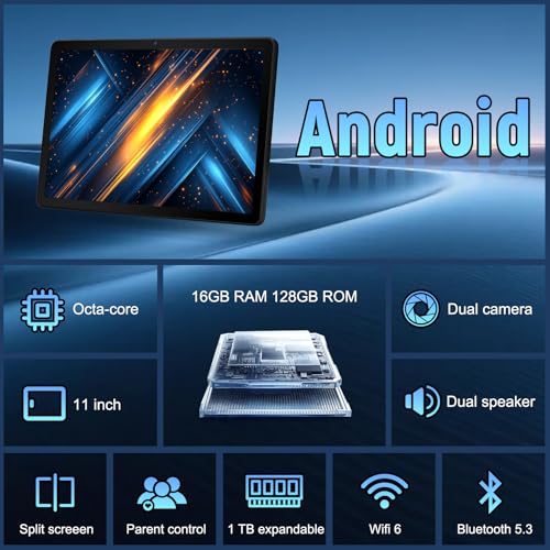Image of Gleeso Tablet, 11 Inch Android Tablet, 16GB RAM 128GB ROM 2TB TF Expandable, Octa-Core, 6500mAh Large Battery, WiFi 6, Bluetooth 5.4, IPS HD Display, Dual Camera & Dual Speaker, Face Unlock, Gift