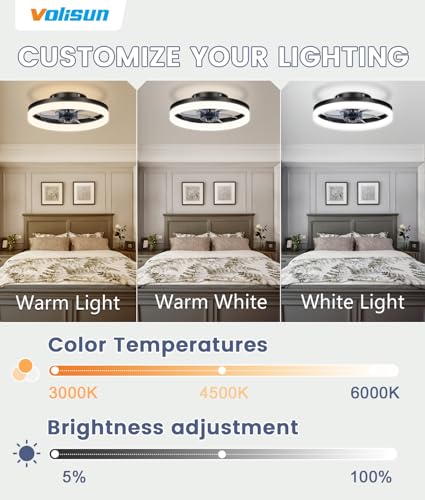 Image of VOLISUN 13 inch Small Ceiling Fans with Lights and Remote, Low Profile Ceiling Fans with Light, 3000K-6500K Dimmable LED Ceiling Light Flush Mount, Bladeless Fandelier Ceiling Fan (Black)