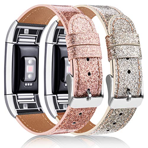 Tobfit 2 Pack Leather Bands Compatible with Fitbit Charge 2 Bands for Women Men, Soft Genuine Leather Accessories Replacement Wristband (Glistening Rose Gold & Glistening Champagne Gold, 5.5''-8.1'')