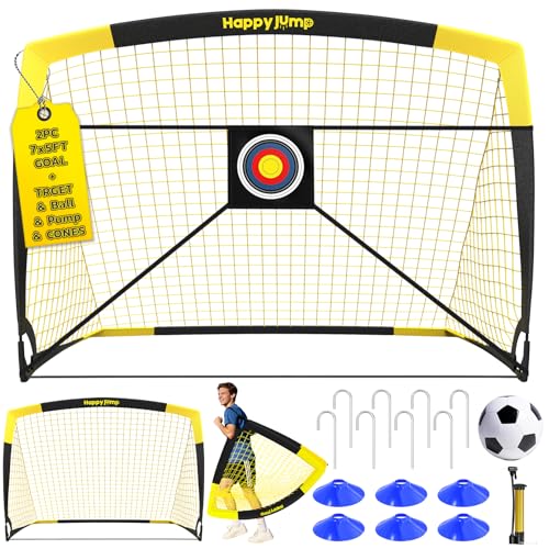Happy Jump Pop-Up Fußballtore – 213x152 cm, 2 Tore, Schwarz Gelb mit Ball, Pumpe, Hütchen & Zielscheibe | Komplettes Training-Set für Garten & Familie