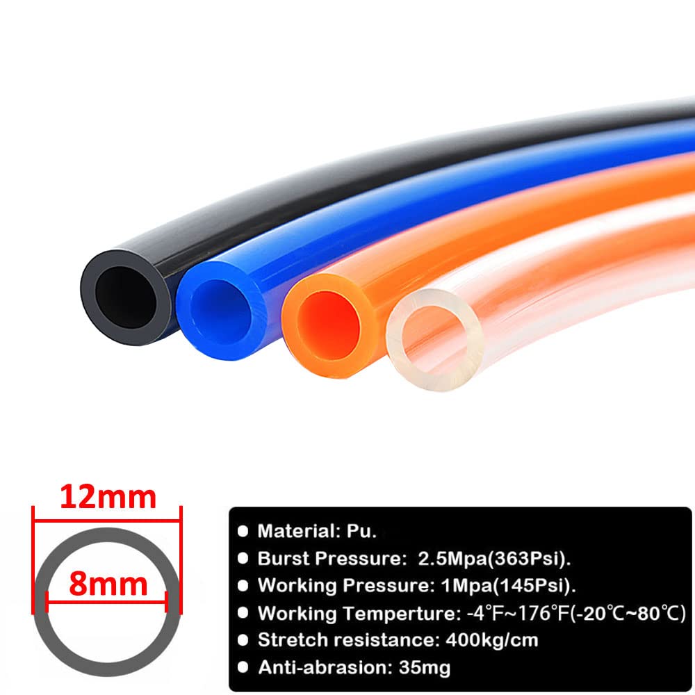 ETOPARS 10 Metros Manguera de Tubo Neumático PU Manguera Línea Aire Poliuretano Tubería Compresor Alta Presión Diámetro Exterior 12mm x Interior 8mm Negro