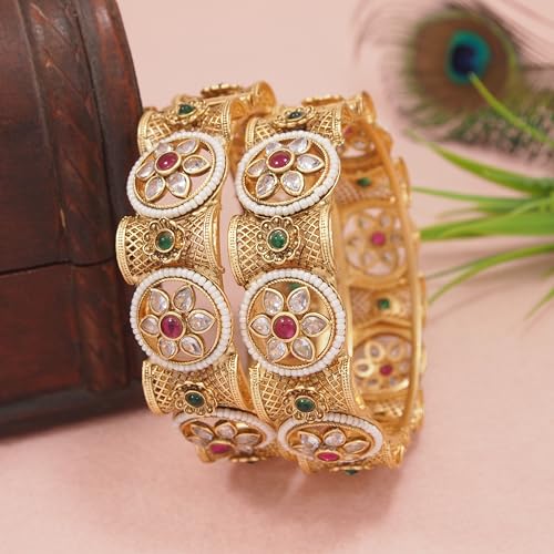 Image of Women's Traditional Bangles | Antique Gold-Plated with Kundan & Pearl Accents | Indian Ethnic Jewelry
