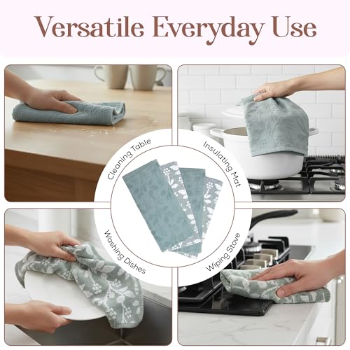 Image of Kitchen Towels, Blue and White Floral Cotton Hand Towels 4 Pack Absorbent Hand Drying Cloths, 18 x 28 Kitchen Linens
