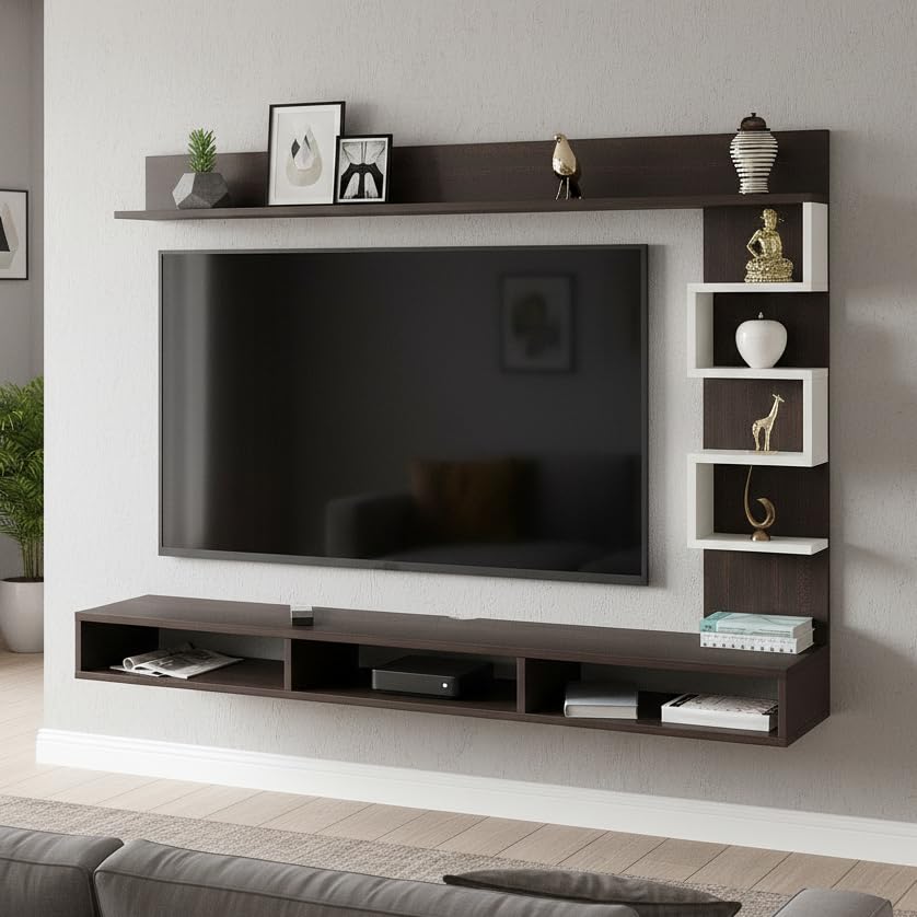 Image of FURNEASER Dettlet Modern Engineered Wood Wall Mounted TV Entertainment Unit for 43 inch TV | Floating TV Cabinet with Open Storage Shelves Racks for Set Top Box, Books & Decor (Wenge & White)