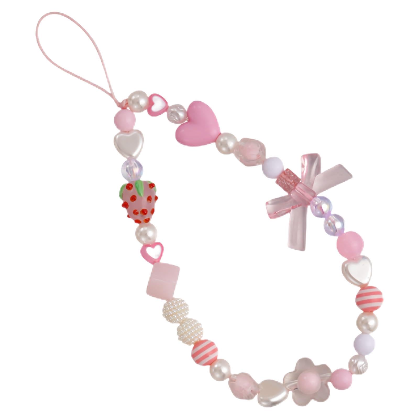 Strawberry Charm Phone Strap & Wristlet - Anti-Loss Sparkle Beaded Lanyard for Phone camera, Cute Kawaii Gift for Women Girls (Pink Pearl Bow), Short Lightweight Design-image-24