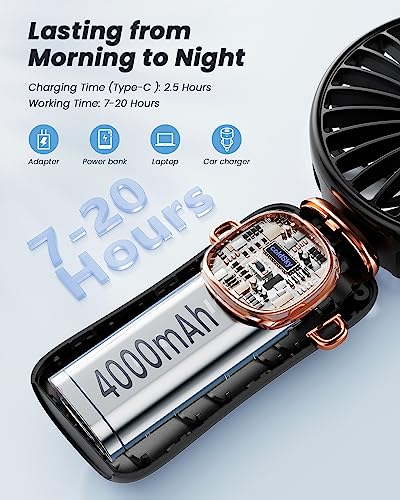 Image of coldSky Portable Handheld Fan, 4000mAh Battery Operated 3 in 1 Multifunction Personal Travel Fans with Digital Display, 90 Foldable Desk Fan with Base, 5 Speed Lash Fan for Makeup /Office (Black)