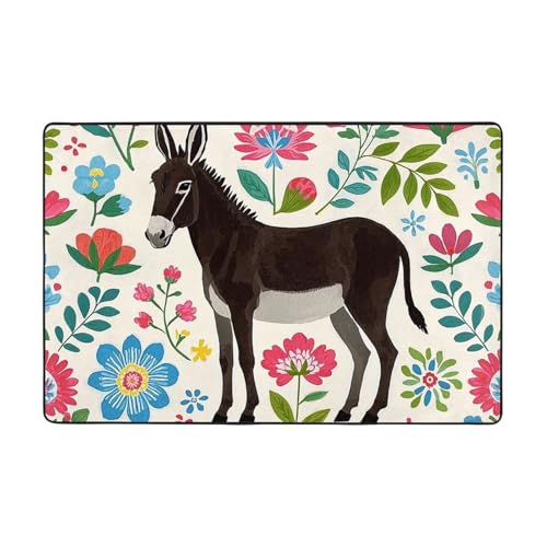 Alfombra de área moderna con estampado de burro y floral, de felpa, ultrasuave, lavable, antideslizante, para sala de estar, dormitorio, oficina, dormitorio, decoración del hogar, 36 x 24 pulgadas