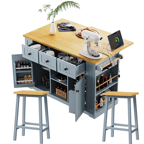 53" Kitchen Island with Storage, 2 Bar Stools, Gray