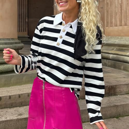 Y2K Striped Polo Shirts for Women Long Sleeve Lapel Collared Color Block Preppy Tops Teen Girls Cute Rugby Shirts2