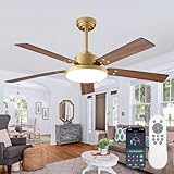 Gold Ceiling Fans with Lights and Remote/ APP, 52 Inch Black and Gold Smart Ceiling Fan for Bedroom Living Room Patio, Dimmable LED Chandelier Fans, 6-Speed Reversible DC Motor, Indoor Outdoor Use